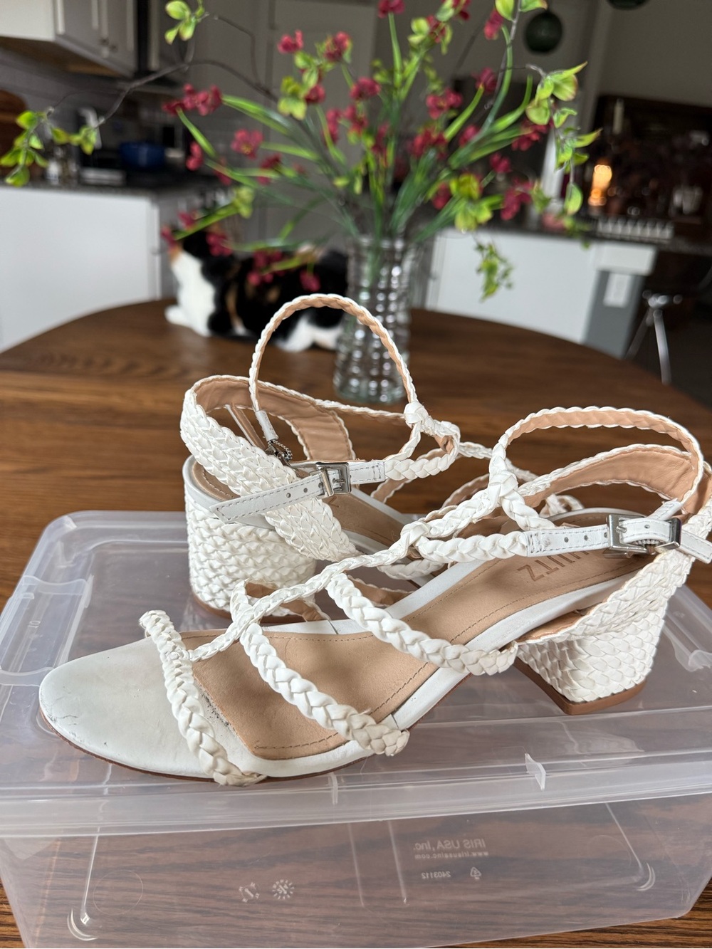 SCHUTZ White Braided Block Heel Sandals